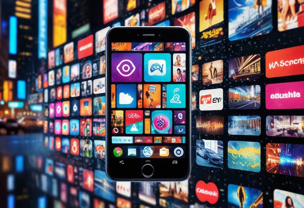 A vibrant collage featuring a variety of mobile devices displaying blurred, tasteful representations of adult entertainment symbols, set against a backdrop of the digital and urban landscape. The image should convey the essence of exploration, niche content, and the evolution of mobile technology. Include subtle nods to privacy and discretion. super-realistic. vibrant colors.